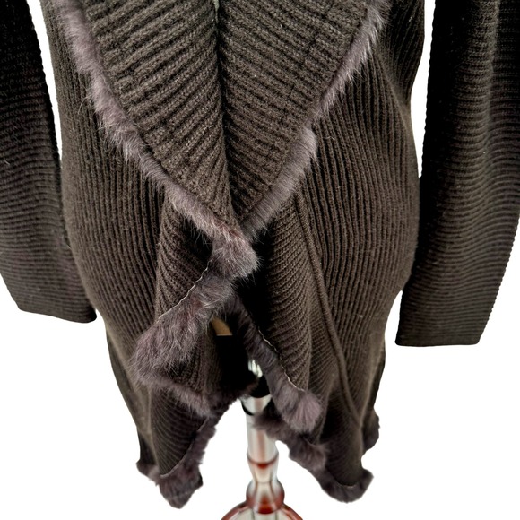 Dolce Cabo Dark Chocolate Brown Ribbed Knit Fur Trim Waterfall Cardigan Sweater - Picture 3 of 10
